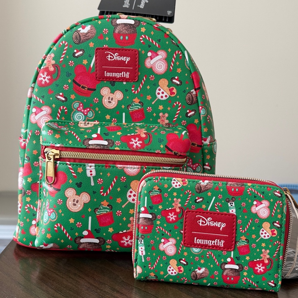 New Loungefly Disney Mickey Mouse Holiday Treats Mini Zipper backpack Wallet set